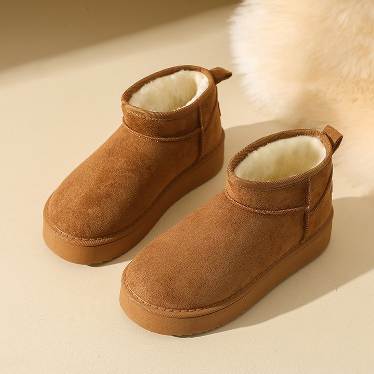 Camel faux suede ankle snow boots with cream fleece lining and mini platform soles