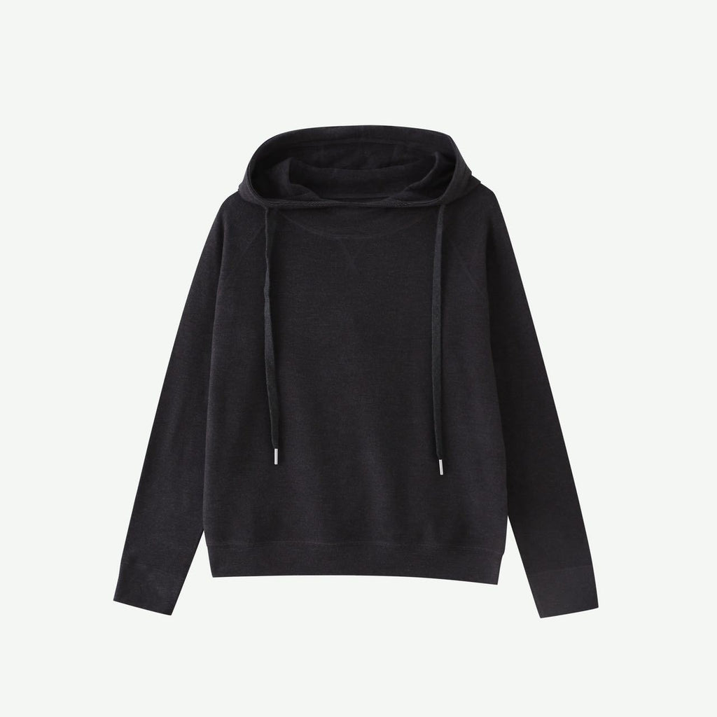 Dark gray velvet hoodie with drawstring hood and long sleeves, front view