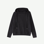 Dark gray velvet hoodie with drawstring hood and long sleeves, front view