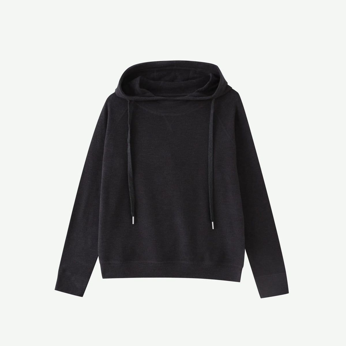 Dark gray velvet hoodie with drawstring hood and long sleeves, front view