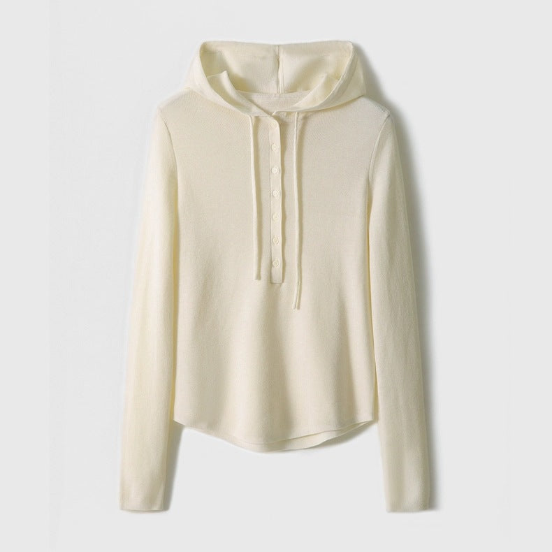 Women’s hooded henley sweater in off-white fine knit, button placket and drawstring hood