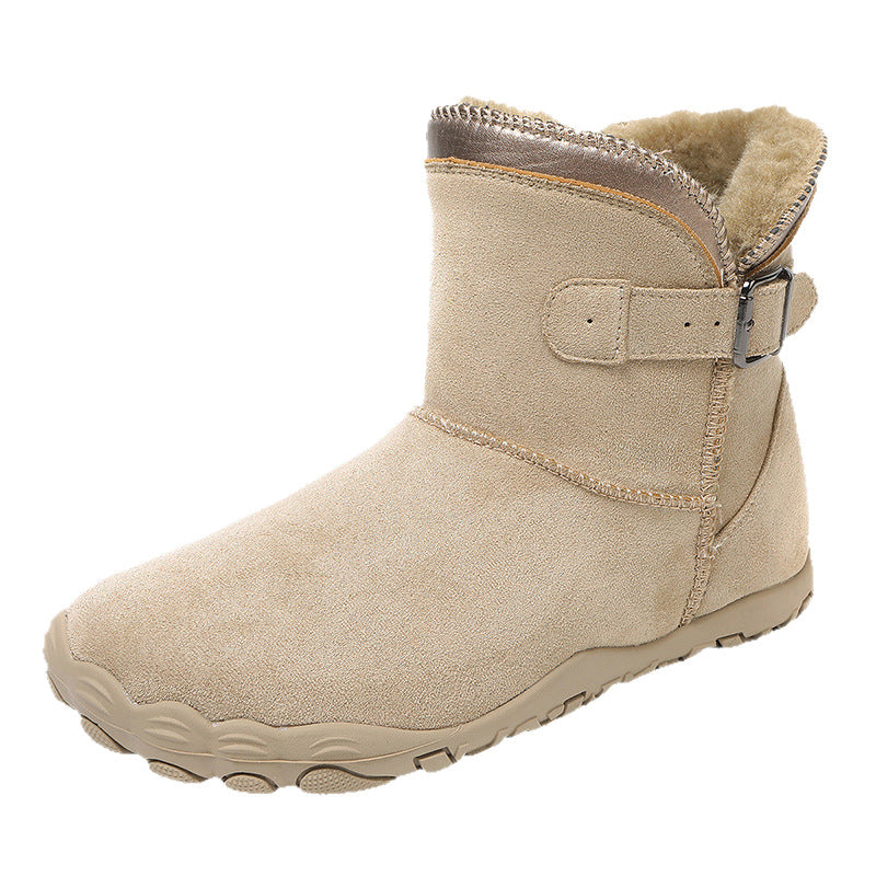 Women's winter boots in tan, single boot with buckle strap and faux fur cuff, grippy outsole.