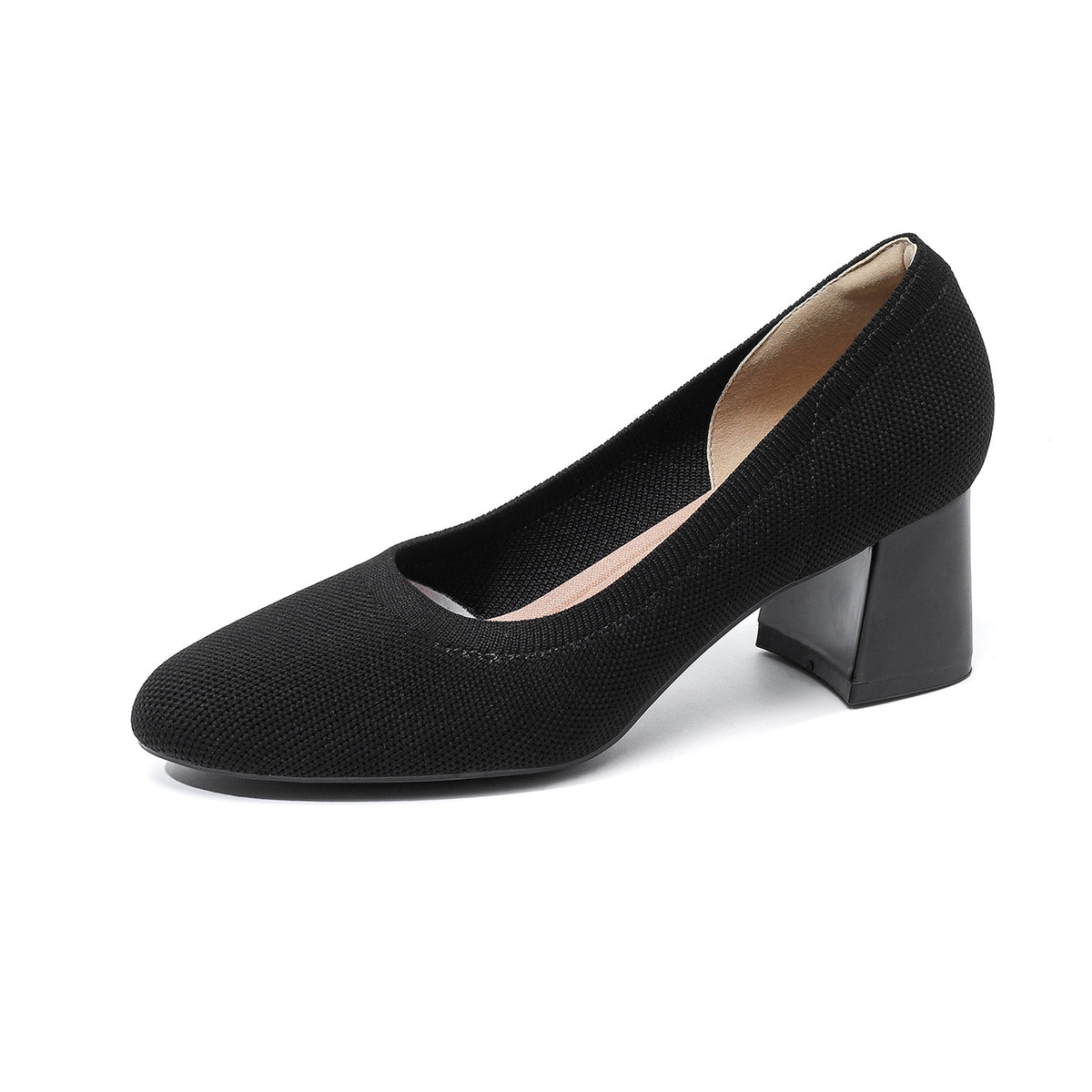 Black knit slip-on pumps with block heel and rounded toe