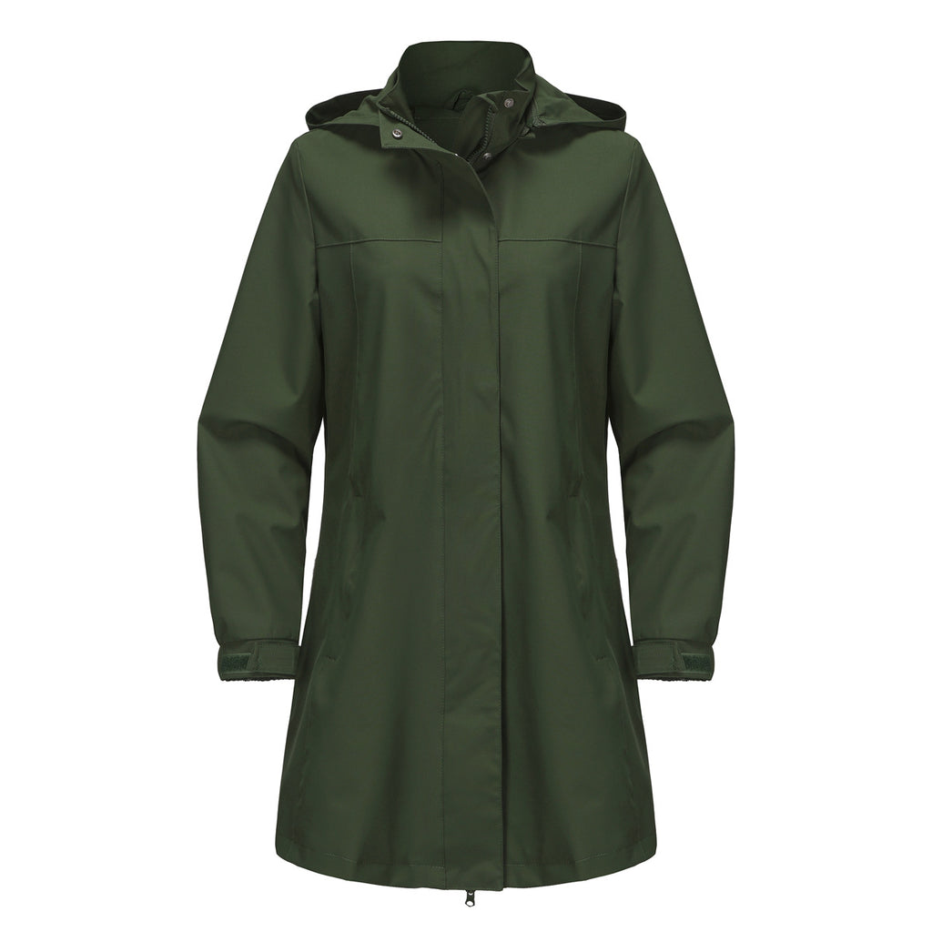 Army green hooded long rain jacket with front zipper and snap button storm flap.