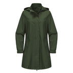 Army green hooded long rain jacket with front zipper and snap button storm flap.