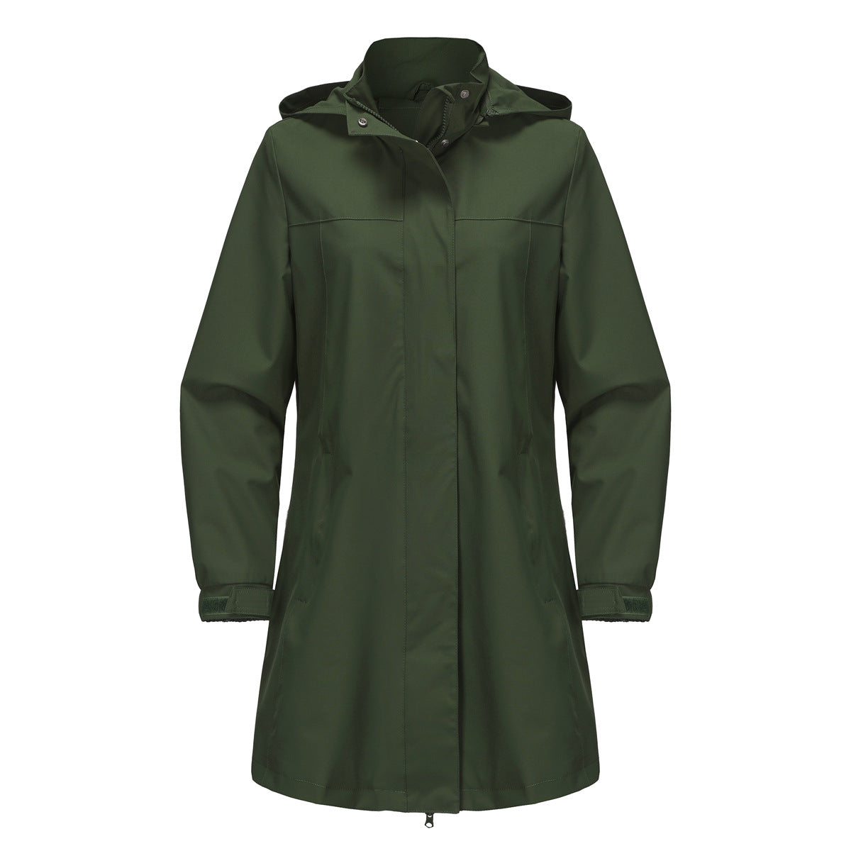 Army green hooded long rain jacket with front zipper and snap button storm flap.