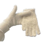 Cream fuzzy winter gloves with ribbed knit cuffs