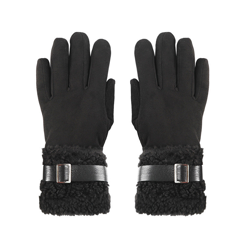 Women's black suede winter gloves with fleece cuffs and adjustable square buckle strap