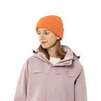 Women’s fisherman beanie in orange reflective waffle-knit with cuff, worn on model