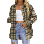 Plaid button-down shirt in olive and tan, oversized fit with button front