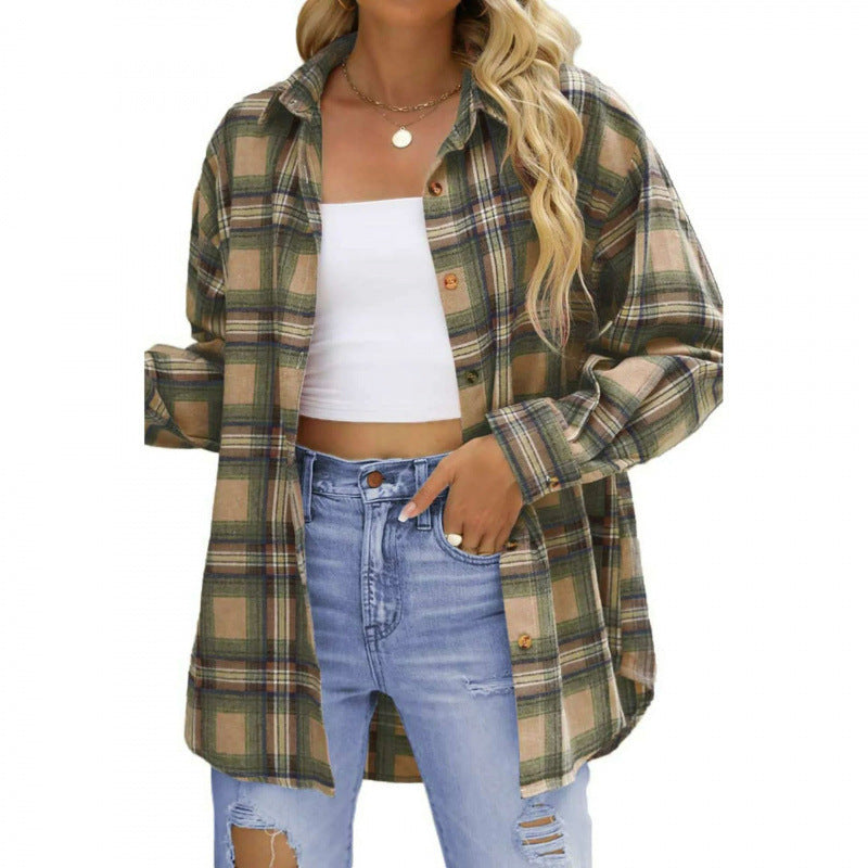 Plaid button-down shirt in olive and tan, oversized fit with button front