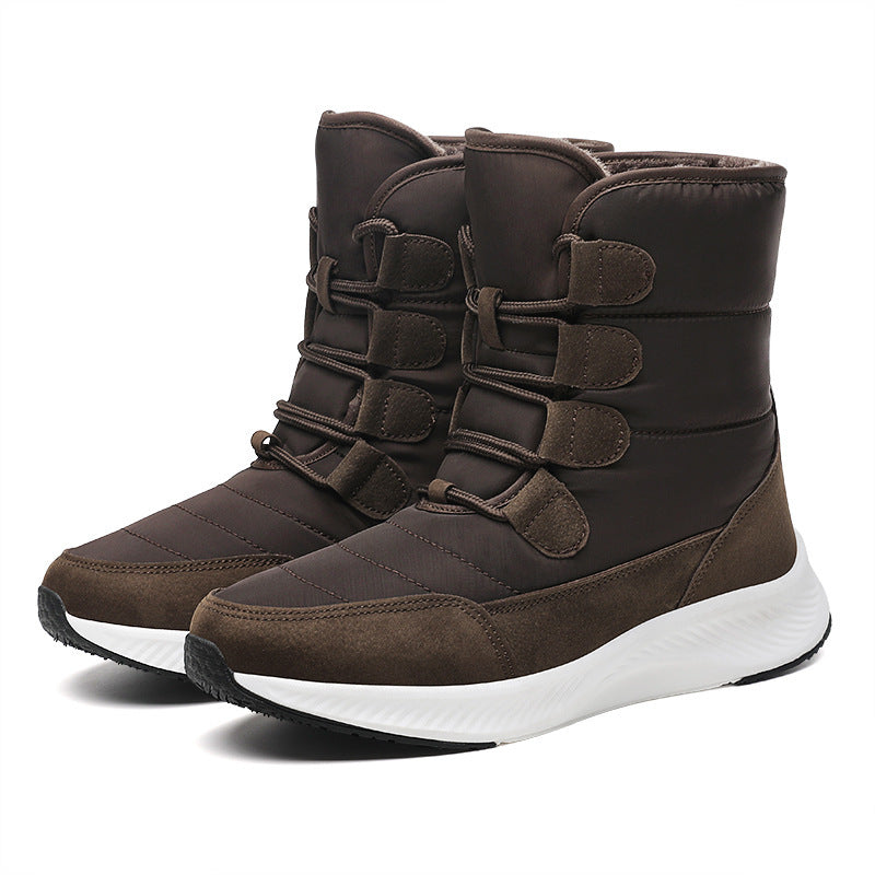 Women's fleece-lined snow boots, brown high-top with faux suede trim and hook straps