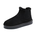 Fur-lined slip-on snow boots, black faux suede with elastic side panels