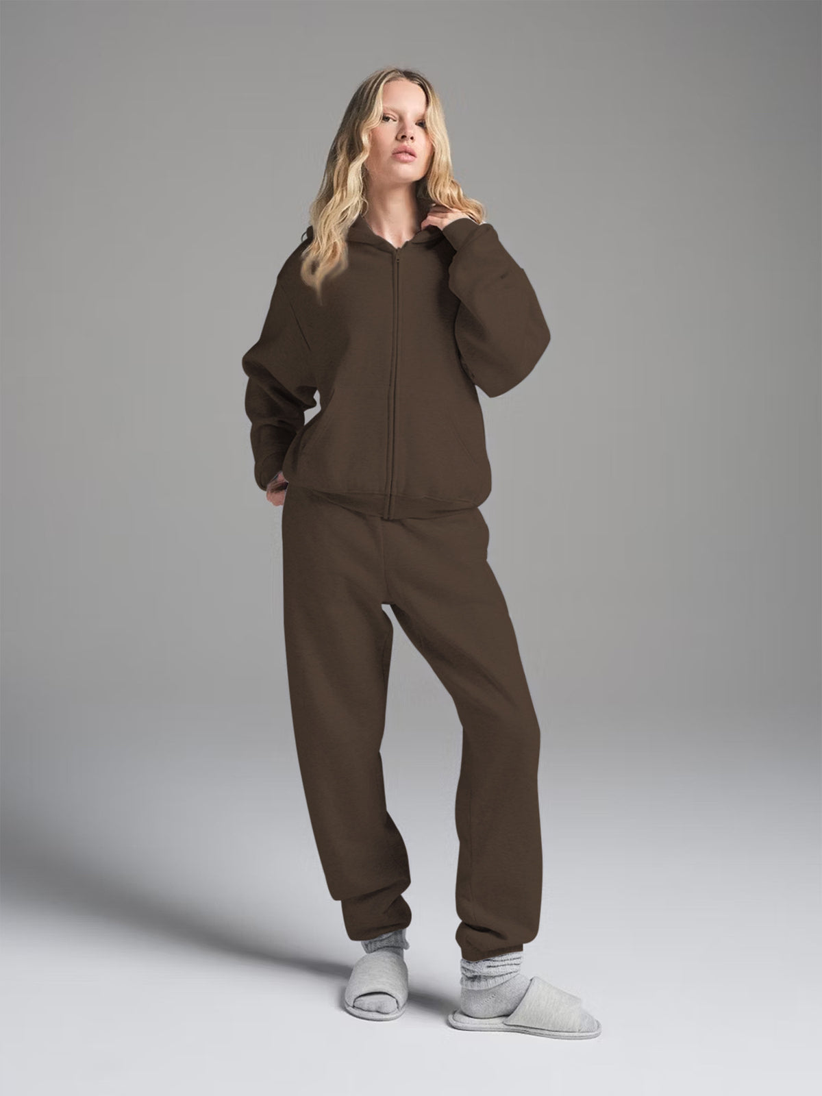 Women's zip-up hoodie and drawstring jogger sweatpants set, dark brown