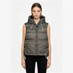 Army green women's hooded puffer vest with diamond quilting, sleeveless zip front