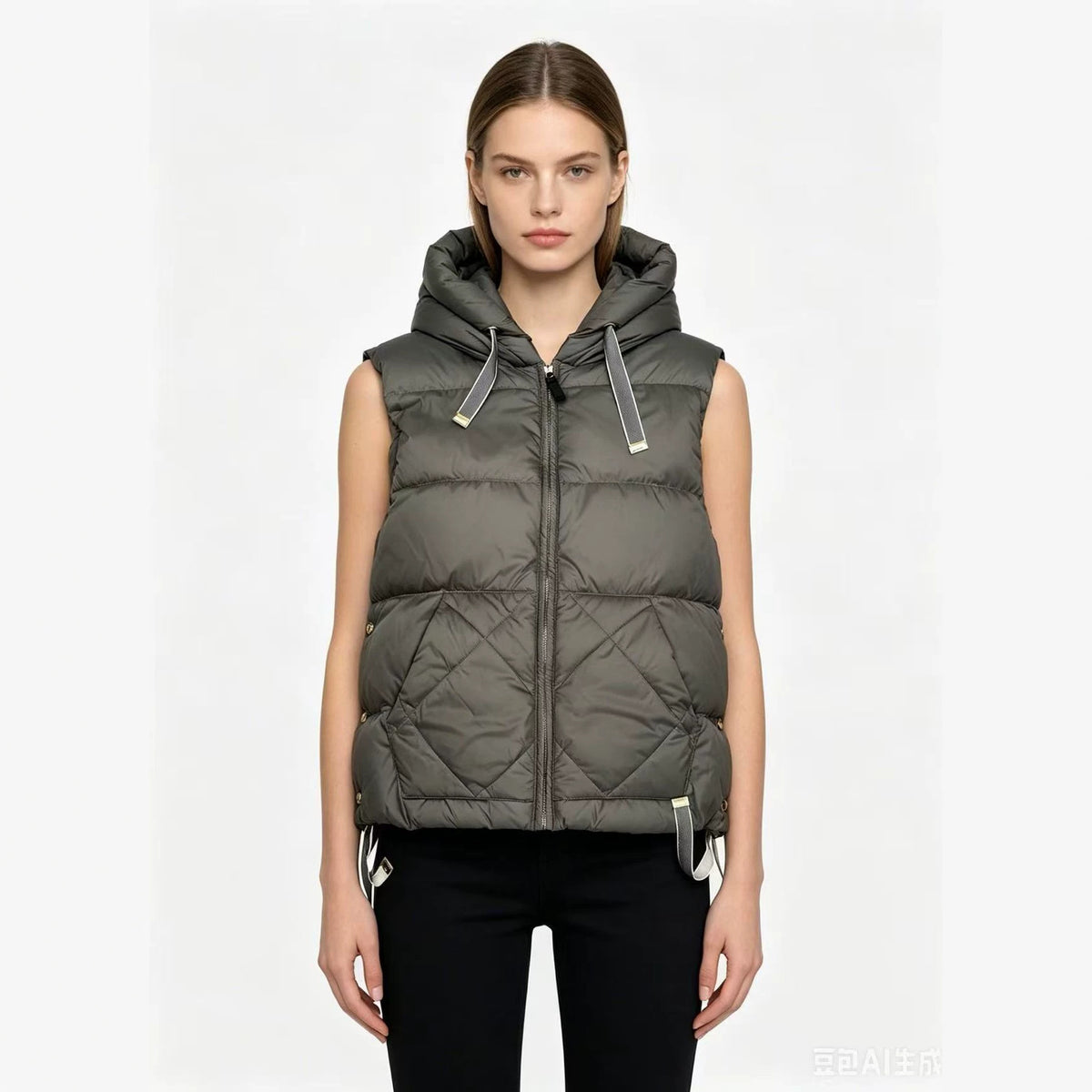 Army green women's hooded puffer vest with diamond quilting, sleeveless zip front