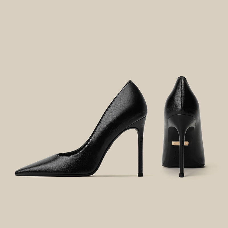Women’s black stiletto high heels, pointed toe pumps with curved heel; front and back view