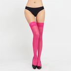 Pink sheer thigh-high stockings with lace tops, matching brief set shown