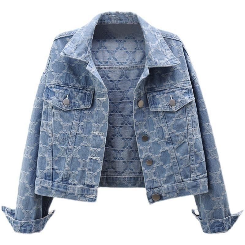 Light blue paisley-print denim jacket with button front, chest pockets, and turn-up collar