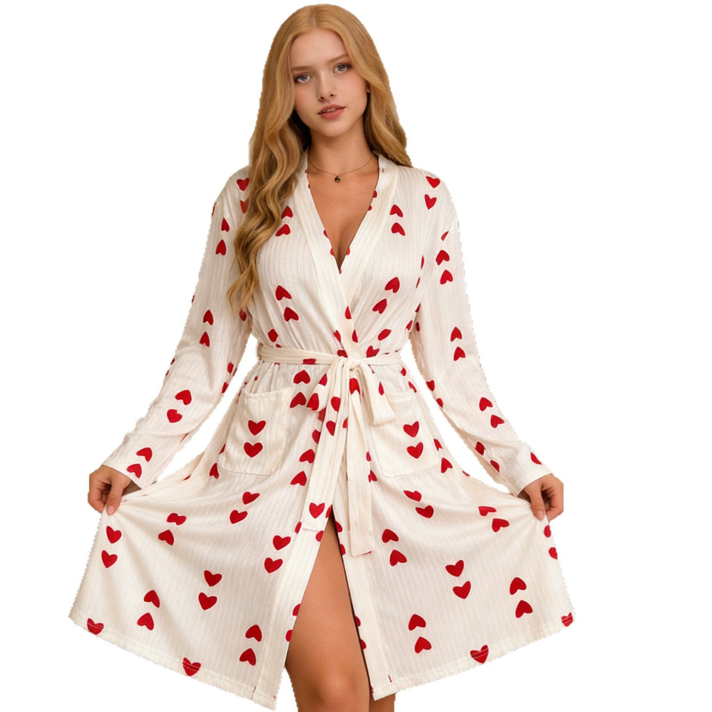 Women’s white heart-print knee-length wrap robe with ribbed knit tie belt and pockets