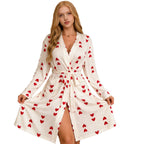 Women’s white heart-print knee-length wrap robe with ribbed knit tie belt and pockets