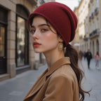 Women’s knitted beanie hat in burgundy, folded cuff and soft knit texture.