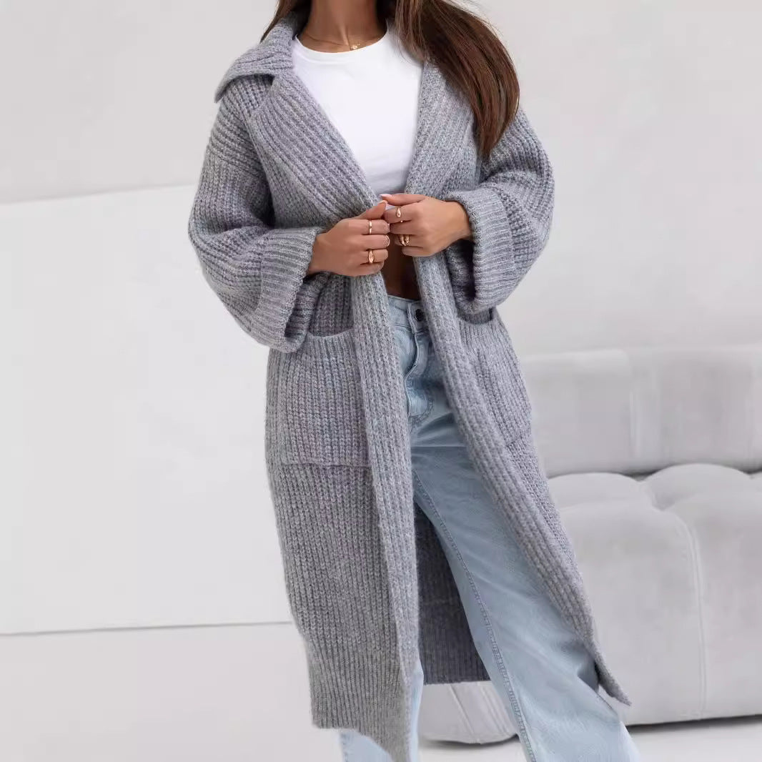 Gray long duster cardigan, chunky ribbed knit, notched collar, side pockets