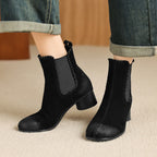 Women’s black suede Chelsea ankle boots with chunky heel and elastic side panels