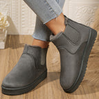 Fur-lined slip-on snow boots, gray faux suede with elastic side panels