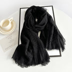 Women’s cotton scarf in black, long crinkle gauze with frayed fringe ends