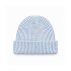 Speckled light blue rib-knit beanie with a wide folded cuff.