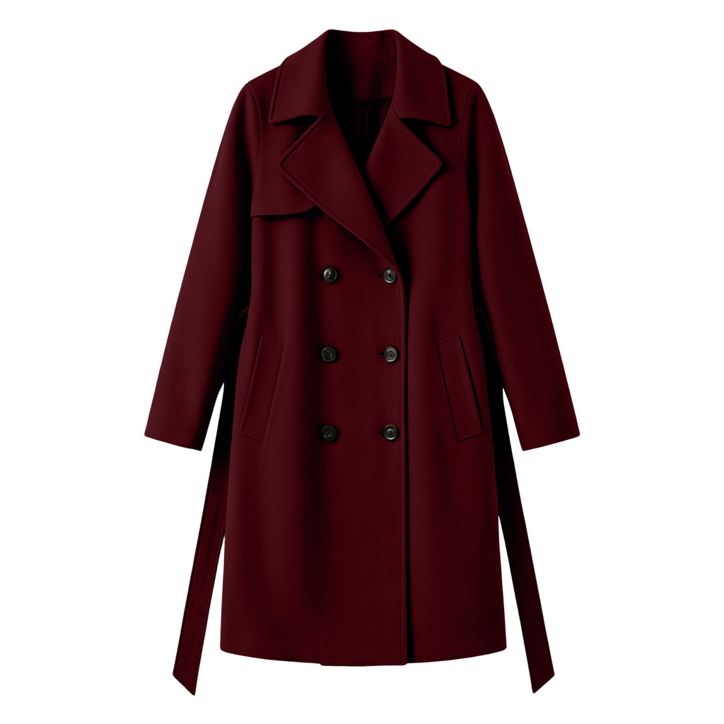 Double-breasted wool-blend overcoat, burgundy, notched lapels, button front
