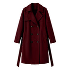 Double-breasted wool-blend overcoat, burgundy, notched lapels, button front