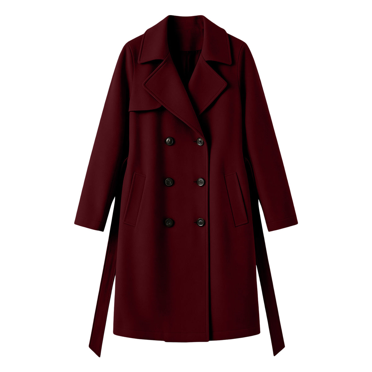 Double-breasted wool-blend overcoat, burgundy, notched lapels, button front