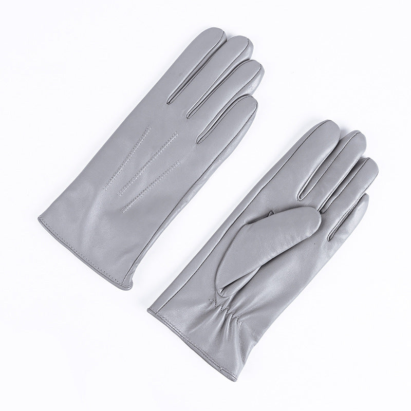 Light gray leather gloves with three-strap cuffs, fleece-lined winter style.