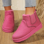 Fur-lined slip-on snow boots, hot pink faux suede with elastic side panels