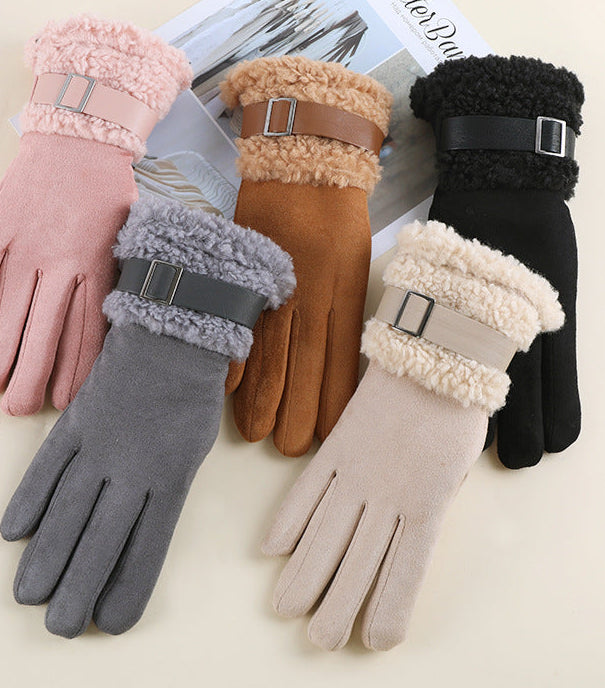 Assorted women's suede winter gloves with fleece cuffs and buckle straps, pink to black