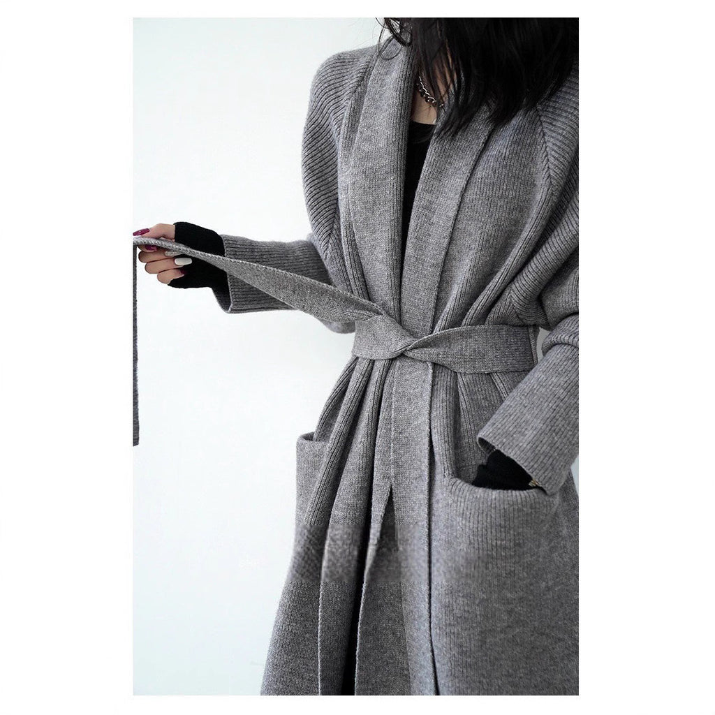 Gray long knit cardigan with shawl collar, belt tie, and patch pockets