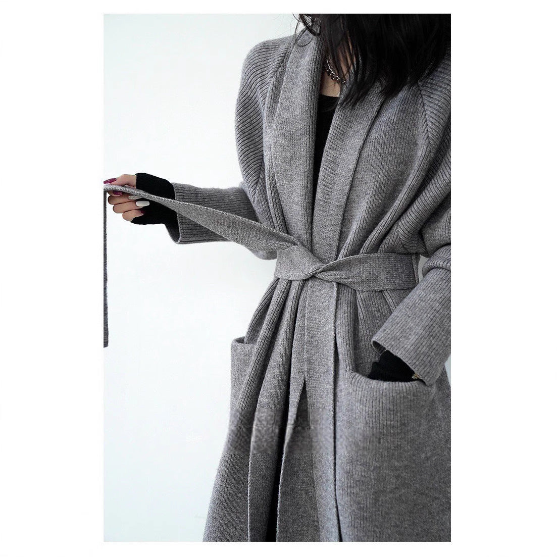 Gray long knit cardigan with shawl collar, belt tie, and patch pockets