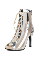 Silver and beige peep-toe lace-up stiletto ankle booties with shiny side panels.