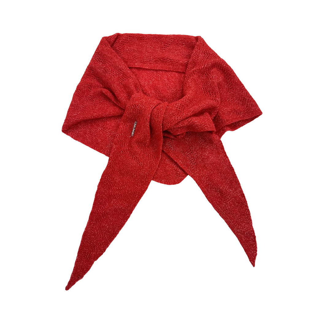 Red knit triangle scarf with openwork pattern and pointed ends