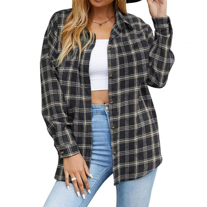 Plaid button-down shirt in black and gray, oversized fit with front buttons