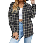 Plaid button-down shirt in black and gray, oversized fit with front buttons