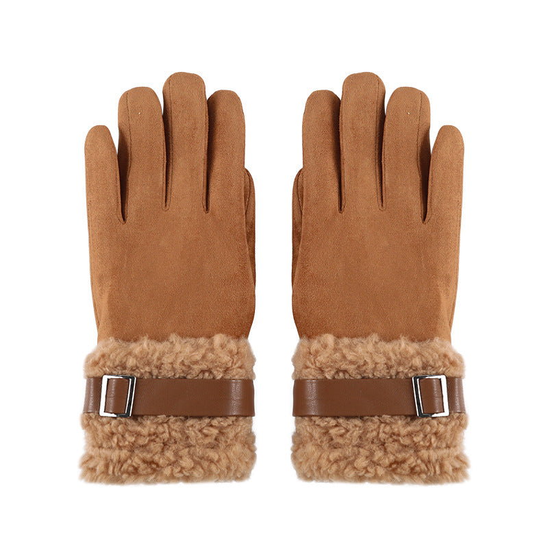 Women's brown suede winter gloves with fleece-lined cuffs and adjustable buckle strap