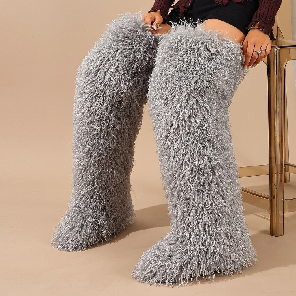 Light gray shaggy faux fur thigh-high boots shown from the front.