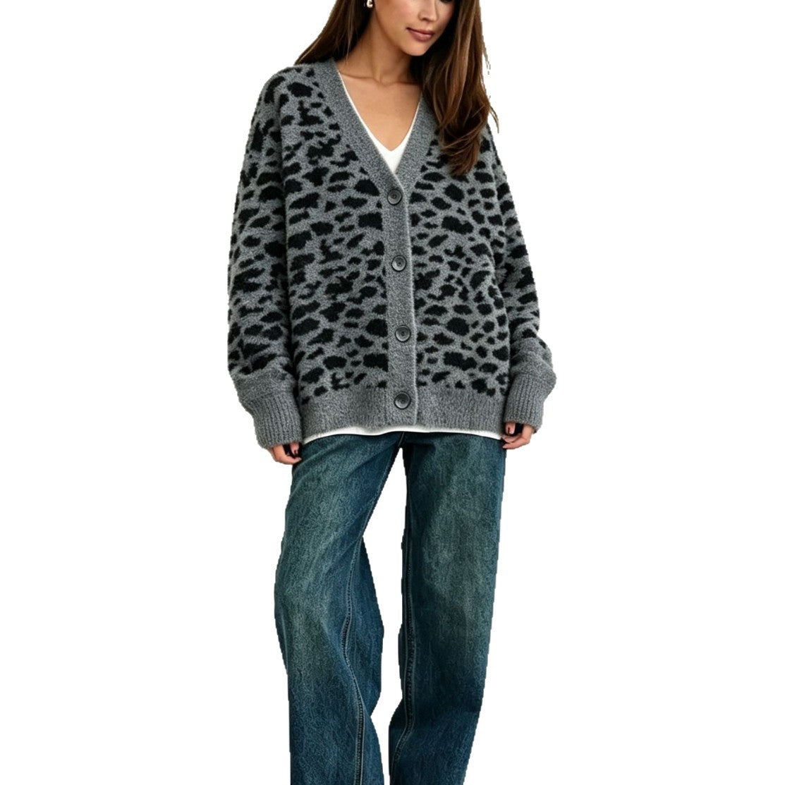 Fuzzy leopard-print cardigan with V-neck and button front, dark gray knit