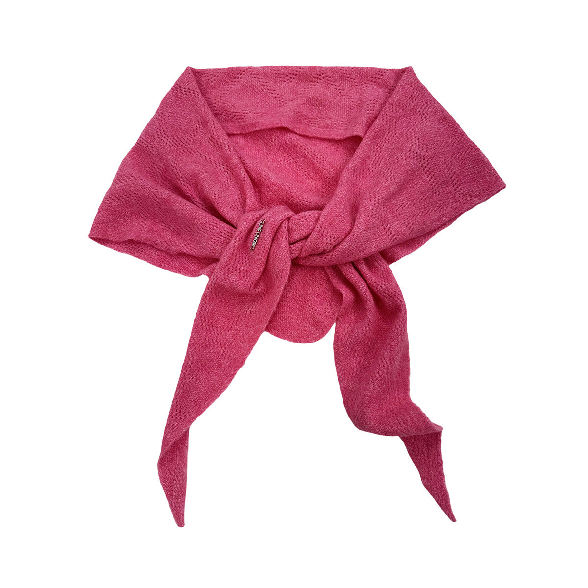Hot pink knit triangle scarf tied at the center, with openwork stitching
