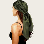 Satin head scarf in olive green satin, knotted at top with side tails.