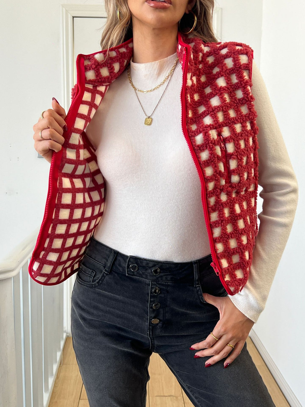 Red checked sherpa fleece sleeveless vest with zip and stand collar