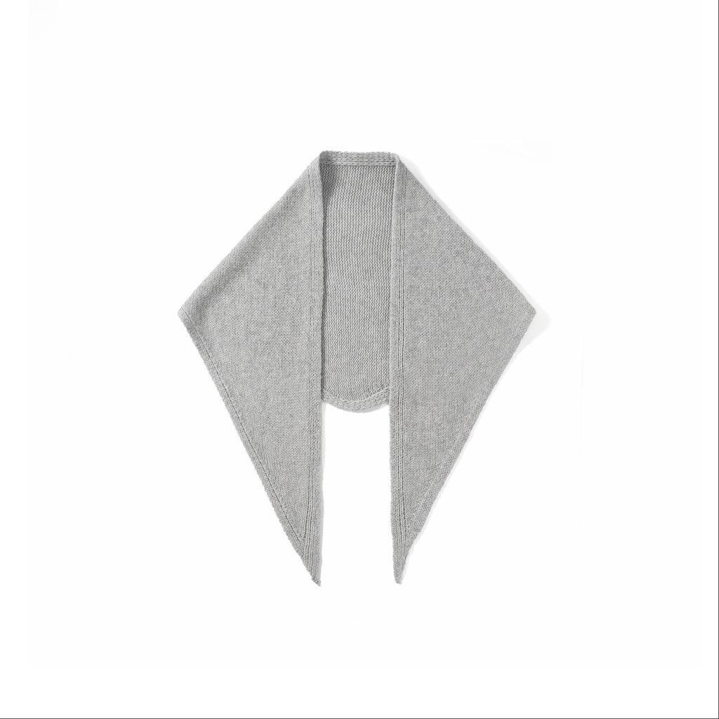 Wool triangle scarf for women in light gray fuzzy knit with pointed ends